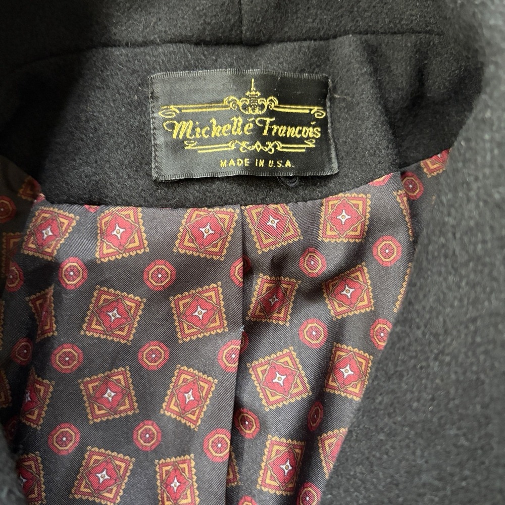 Vintage Womens Long Double Breasted Wool Coat Size L Black Trench Peacoat Shawl - Picture 10 of 16